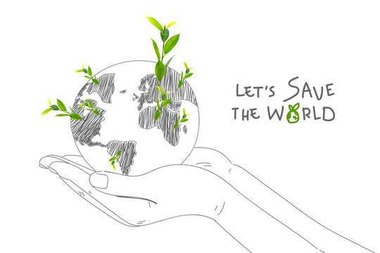 Hands holding earth draw with green plant growing, Environment earth day "Let's save the world" concept.
