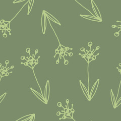 Floral seamless pattern in line art style.  Abstract botanical print of flowers, leaves, twigs. Textile design texture. Spring blossom background. Vector illustration.