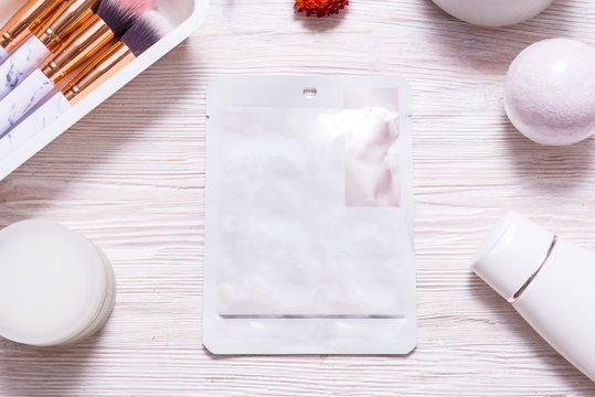 Body, skincare products on wooden table. Beauty industry, branding mockup, package design template.