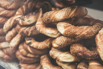 Obwarzanek, traditional typical Polish street food in Krakow, European bagel inspired by German pretzel 