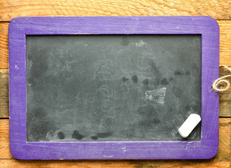 Empty chalk board on a wooden board. Top view, high resolution photography - business concept.