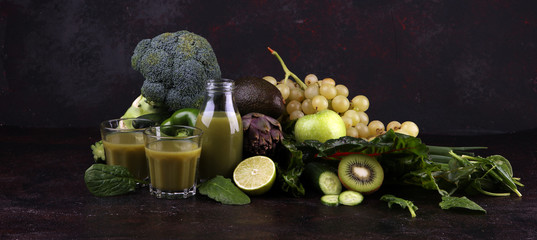 Fototapeta na wymiar Healthy green smoothie and ingredients - detox and diet for health