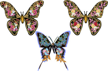 three butterflies from flowers isolated on white