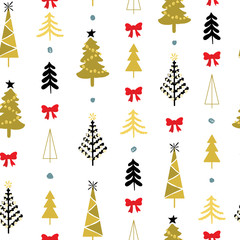 Seamless pattern with christmas trees and spruce woods coloured in gold with red ribbon and blue polka dots on white background. Surface design for textile, fabric, wallpaper, wrapping, giftwrap, etc