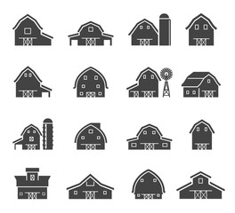 Rural barn building silhouettes glyph icons set