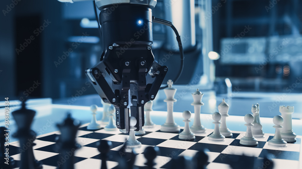 Poster Close Up Shot of a Artificial Intelligence Operating a Futuristic Robotic Arm in a Game of Chess Against a Human. Robot Moves a Pawn. They are in a High Tech Modern Research Laboratory.