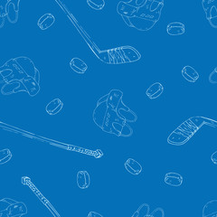 Hockey set seamless pattern. Vector illustration of a hockey stick, helmet, puck seamless pattern. Background from hockey stick hockey stick, puck.