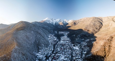 Aerial view of Krasnaya Polyana, mountains covered by snow. Russia.