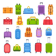 Luggage bags. Baggage handbag for trip, tourism and vacation, travel suitcases and leather accessories isolated vector icons set. Journey essentials. Rolling valises flat illustrations