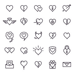 Heart line icons. Styling heart decoration elements, love and friendship symbols and outline lovely pictograms vector isolated icons set. Affection contour sign pack. Romance thin line illustrations