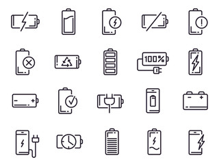 Powered charge icon. Battery charging, smartphone power level, electric charge station and recycle line art elements for UI design vector isolated icons set. Battery life indicator pictograms