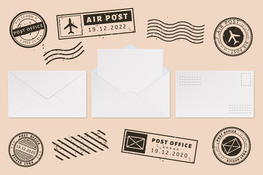Envelope template with stamp label. Mail letter and post stamps, open mail envelope with blank paper letter sheet, mail office business mockups vector illustration set. Ink postmarks. Permit imprints
