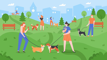 Dogs at park. Pets playing in dog park, people walk and play with dogs in outdoor yard, urban dog park landscape colorful vector illustration. Pet owners training puppies, have fun together