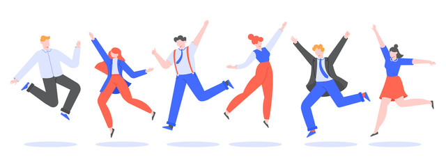 Happy jumping office team. Smiling people jumping at work winning party, business team celebration, corporate colleagues celebrate and joy together vector illustration. Coworkers cartoon character