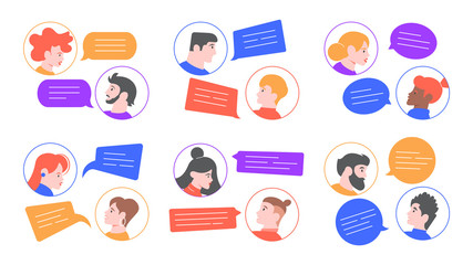 Speaking people. Men and women profile avatars conversation, young couple speaking, chatting together. People communication, brainstorm speaking vector illustration set. Interlocutors comments, chat