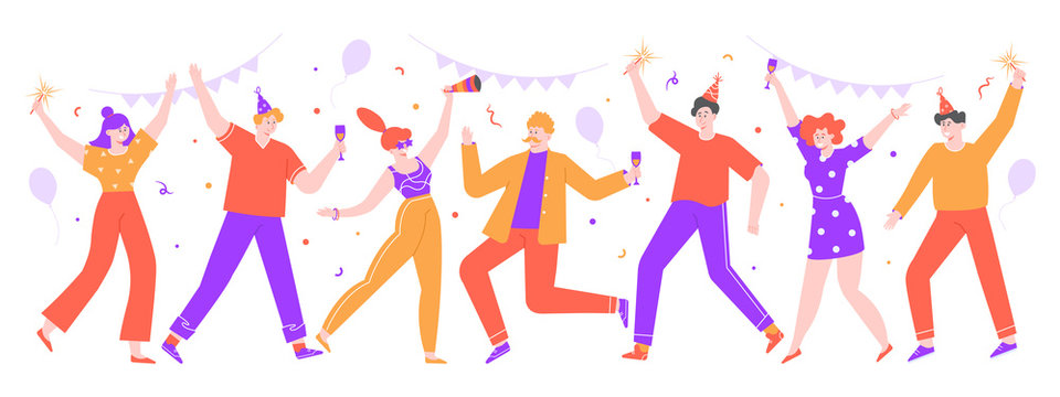 People celebrating. Happy celebration party, joyful women and men celebrating together with balloons and confetti. Dance celebration party vector isolated illustration. Birthday, festive event