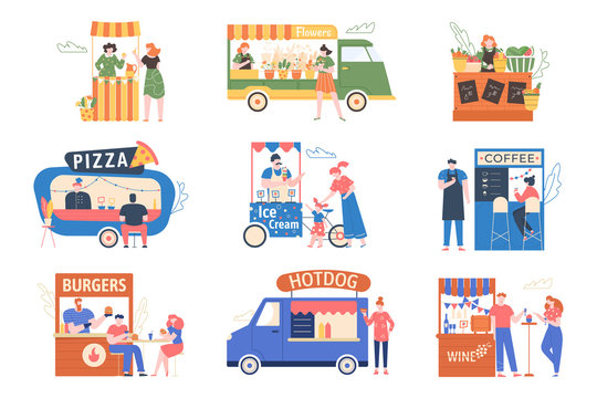 Street market. Outdoor counter fair, tents with food, products, coffee and flowers. Characters buy and sell at the street fair, market street vector illustration set. Pizza, hotdog, burger. Wine kiosk