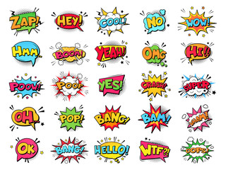 Comic book bubbles. Cartoon explosions funny comical speech clouds, comics words, thinking bubbles and graphic conversation text elements vector illustration set. Comic book emotional bubbles - obrazy, fototapety, plakaty