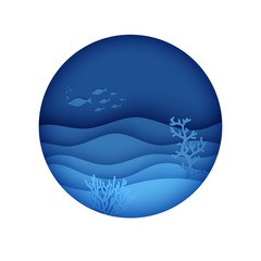 View of the underwater world through the porthole of a submarine in paper cut style. Vector papercut wave, tropical marine life in round frame. Craft underwater ocean diving concept. World Ocean Day.