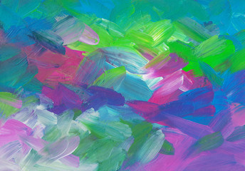 Abstract art colorful background painting. Green, blue, pink, purple, turquoise, white brush strokes on paper texture. Contemporary artwork.
