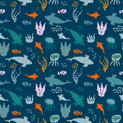 Seamless childish pattern with cute undersea inhabitants. Kids hand drawn texture for fabric, wrapping, wallpaper, textile and more