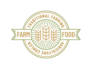 Farm food emblem with wheat. Vector line logo.