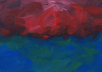 Abstract oil painting background. Deep red, blue and green brush strokes on paper. Contemporary art.