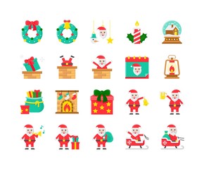 Christmas day decoration and santa claus flat icon set