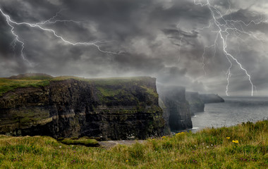 Spectacular Lightning storm in Cliffs of Moher. Ireland's Coast