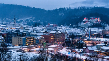 Panoramic view of the city "Bruck an der Mur" in Styria, Austria at dawn
