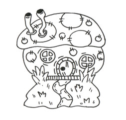 Fantasy mushroom house. Lineworks for design - cards, web and games.