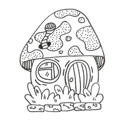 Fantasy mushroom house. Lineworks for design - cards, web and games.