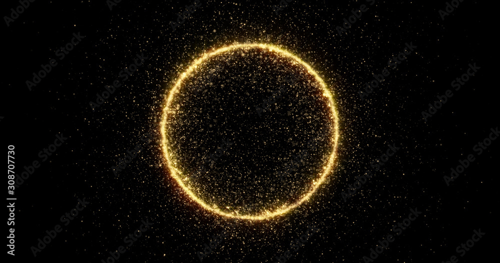 Poster gold glitter circle of light shine sparkles and golden spark particles in circle frame on black back