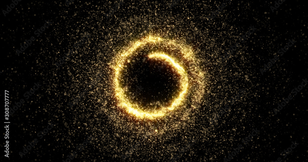 Poster gold sparkling light circle with shimmering particles, christmas and new year background design. abs