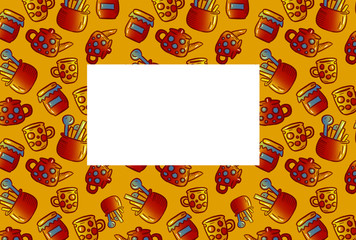 Kitchen things in the card. Postcard for two letterings or photos.