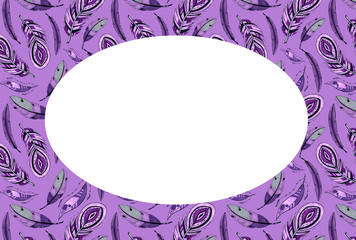 Congratulation card for party. Purple feathers in the frame.