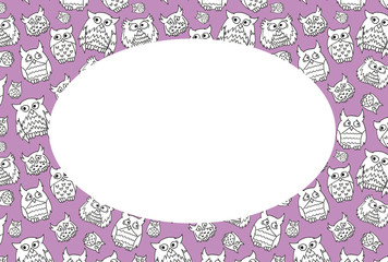 Frame for postcard with cute owls. Linework birds in the pink background