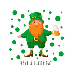 Saint Patricks Day cartoon red beard leprechaun, dwarf in green bowler hat with beer cup, traditional holiday symbol - fairytale cute character, vector cartoon greeting card template