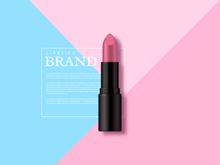 Lipstick makeup ad, cosmetics beauty product. Geometric flat lay in pastel colors, top view. Minimalist vector template for advertisement.