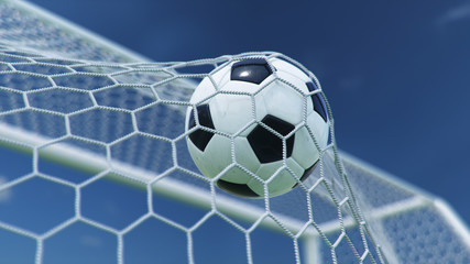 3D illustration Soccer ball flew into the goal. Soccer ball bends the net, against the background of blue sky. Soccer ball in goal net on beautiful sky background. Moment of delight