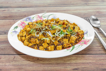 Asia China Chengdu Chongqing food on table, Mapo Toufu (bean curd). It is a popular spicy Chinese dish from Sichuan province.