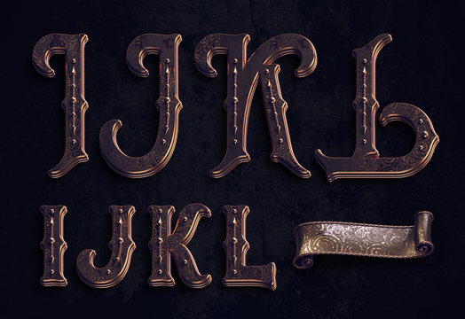 3d render of vintage textured font set with bronze metallic elements.