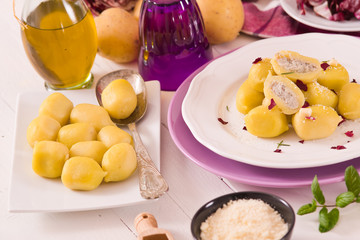 Potato gnocchi stuffed with radicchio and ricotta.