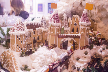 Christmas decoration shop window, snowy fairy tale, holidays market