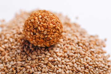 Sweet Sesame seeds Laddu for Indian festival Makar Sankranti over white background 