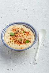 Garnished homemade hummus