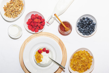 Healthy balanced Breakfast of cereals and dairy products with berries and honey on a white background.