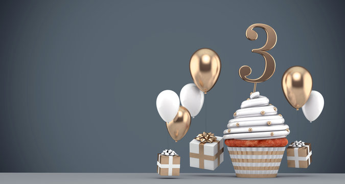Number 3 gold birthday cupcake with balloons and gifts. 3D Render