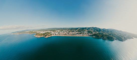Lloret de Mar on Mediterranean Sea in summer Spain. 360 vr Drone shot