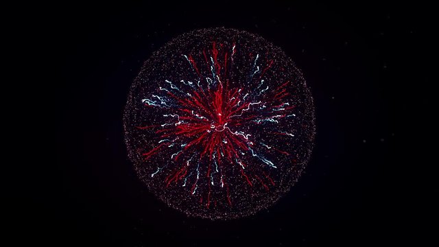 Abstract colorful explosion of neon nucleus isolated on black background. Animation. Amazing 3d impulse spreading into the sides surrounded by small particles.